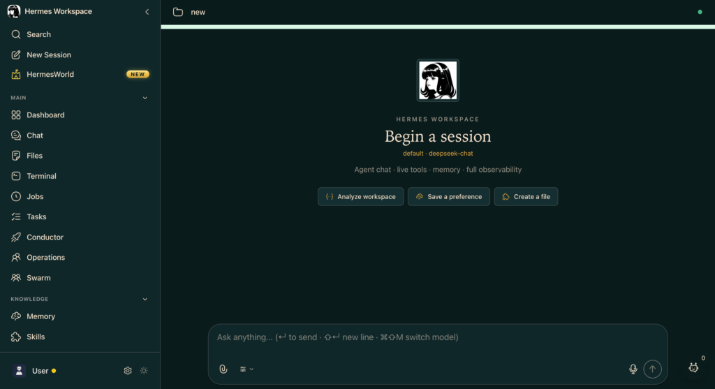 hermes-workspace-dashboard-begin-a-session-home-screen Painel do Hermes Workspace com a barra lateral e a tela de uma nova sessão de conversa.