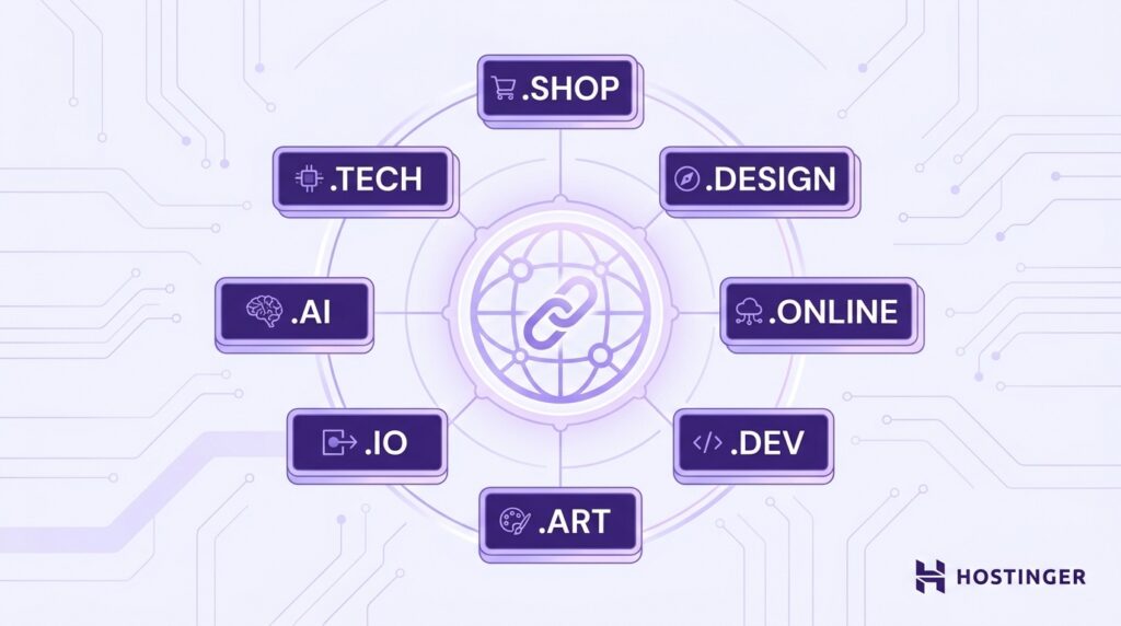 illustration showing a structured grid of stylized domain extension badges (.shop, .tech, .design, .ai, .online, .dev, .io, .art) connected by network lines on a pale lavender-to-white background with subtle circuit trace patterns, representing the concept of alternative domain extensions for different website categories.