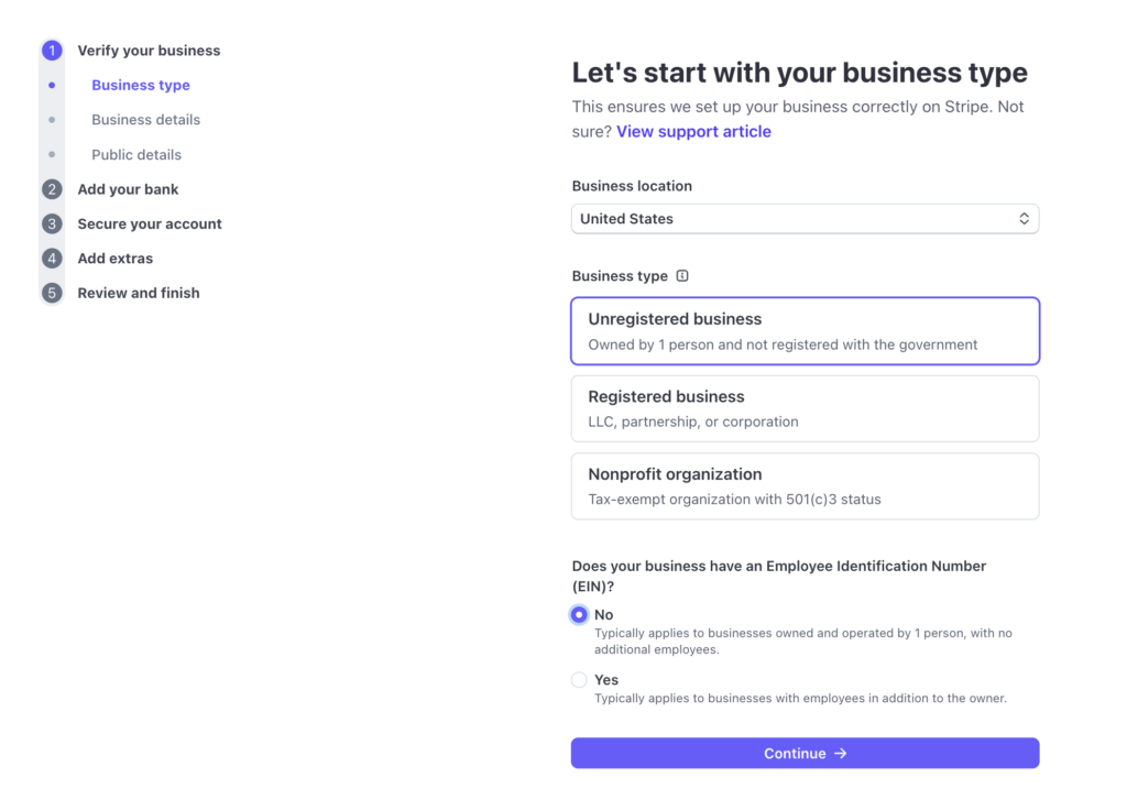 Stripe Verify your business dialog to get a live account