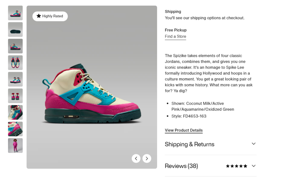 Sneaker colorido inspirado nos clássicos jordanos, com acentos rosa, teal e verde. Uma homenagem ao estilo e cultura de Spike Lee.