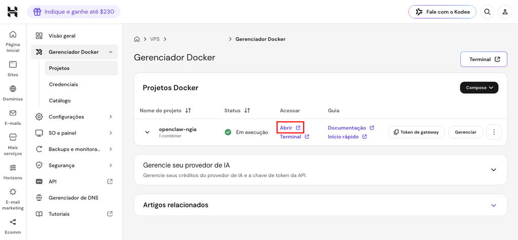 Bot&atilde;o Open do OpenClaw no painel do VPS da Hostinger