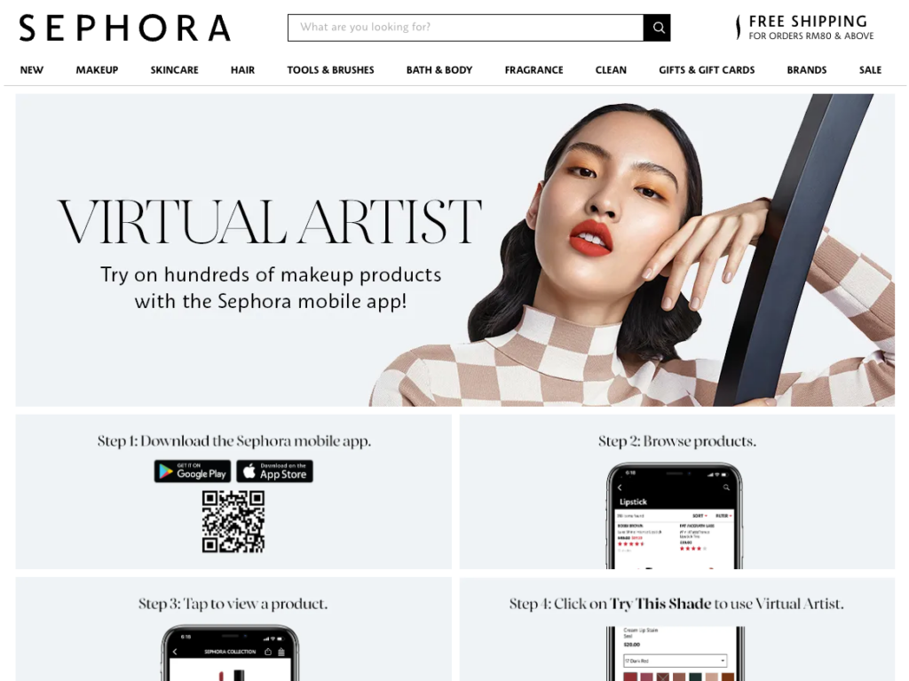 Página do Sephora Virtual Artist, mostrando como o recurso de realidade aumentada funciona no aplicativo