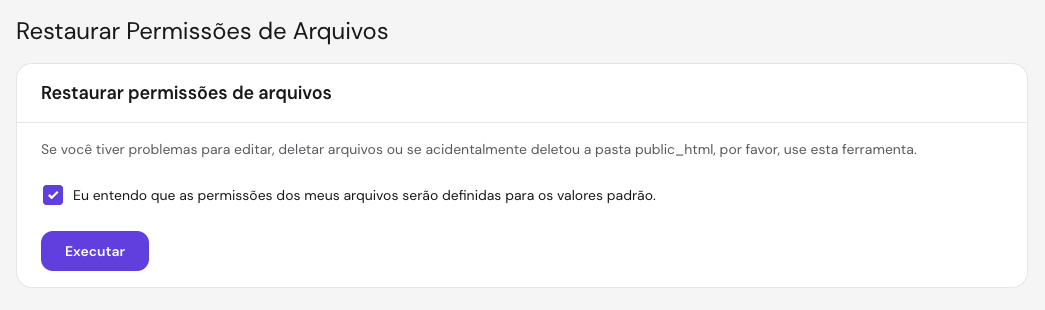 Menu Restaurar permissões de arquivos (file ownership) no hPanel