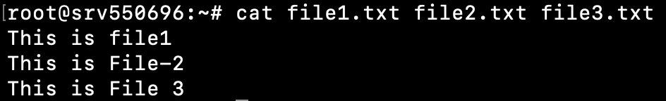 Janela do terminal mostrando a saída do comando cat file1.txt file2.txt file3.txt