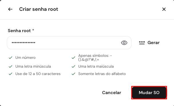 Tela de criação de uma nova senha root