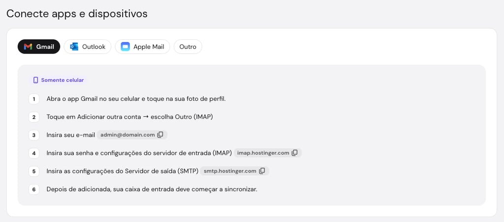 O menu Conecte apps e dispositivos nas Caixas de e-mail do hPanel