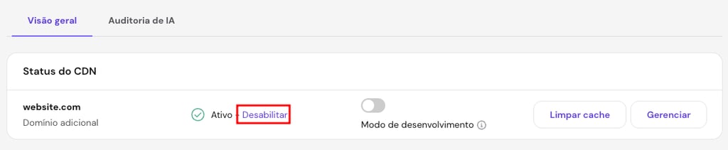 Botão Desativar no menu da CDN no hPanel