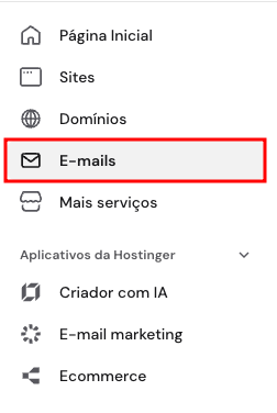 A seção de e-mail na barra lateral esquerda do hPanel