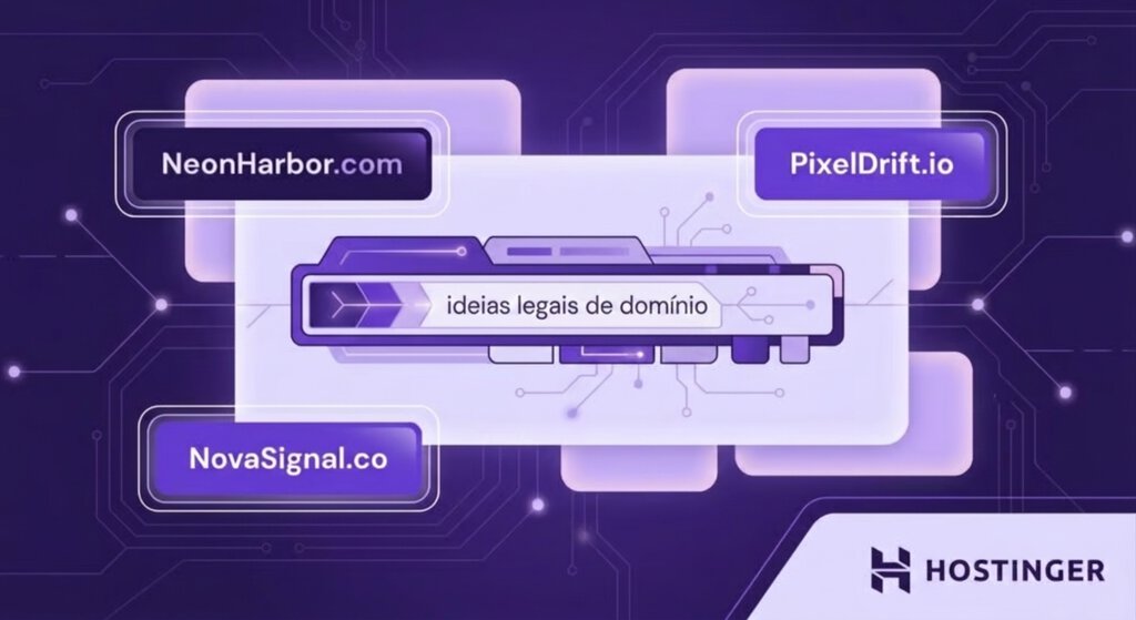 Ilustra&ccedil;&atilde;o t&eacute;cnica mostrando ideias criativas de nomes de dom&iacute;nio. Barra de endere&ccedil;os de dom&iacute;nio estilizada como o elemento central, cercada por pain&eacute;is flutuantes com exemplos de nomes de dom&iacute;nio. Fundo roxo profundo com padr&otilde;es sutis de tra&ccedil;os de circuito e conectores de n&oacute;s de rede.