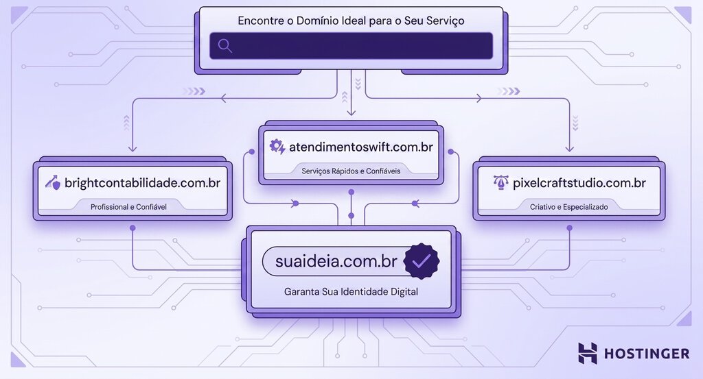 Ilustra&ccedil;&atilde;o exibindo uma interface estilizada de busca de dom&iacute;nios com pain&eacute;is modulares de UI, mostrando exemplos de dom&iacute;nios para empresas de servi&ccedil;os dispostos em uma grade estruturada, conectados por linhas de fluxo direcionais sobre um fundo t&eacute;cnico de lavanda p&aacute;lido para branco com padr&otilde;es sutis de tra&ccedil;os de circuito.