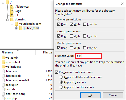 Campo Valor numérico no FileZilla com a permissão 644 para arquivos