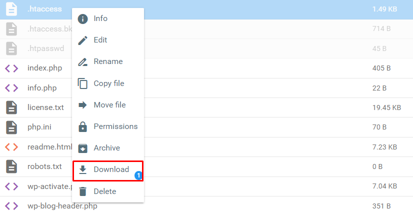 Opção Download no gerenciador de arquivos do hPanel