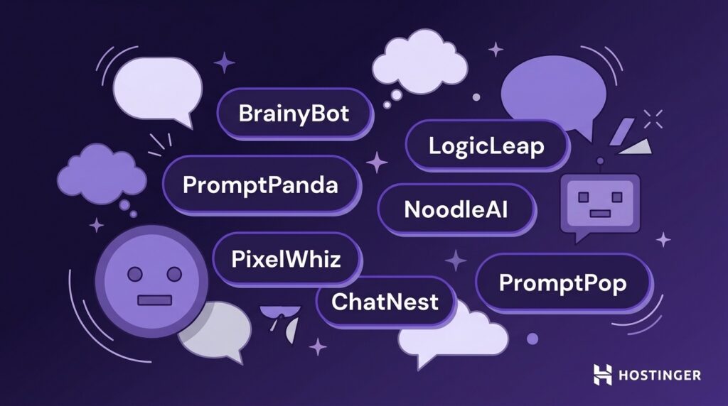Abstract purple background with speech bubbles and icons displaying names like "BrainyBot" and "PromptPanda." Hostinger logo in the corner.
