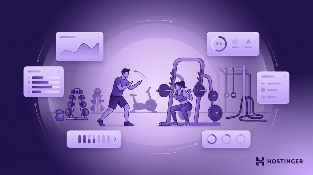 Personal trainer orientando uma mulher durante um agachamento em uma academia, com elementos de interface de acompanhamento fitness e análise de desempenho.