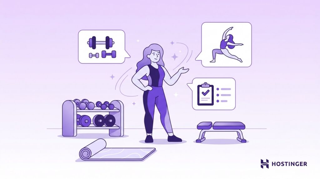 Mulher em uma academia ao lado de equipamentos de treino, com ícones de treinamento de força, ioga e planejamento fitness.