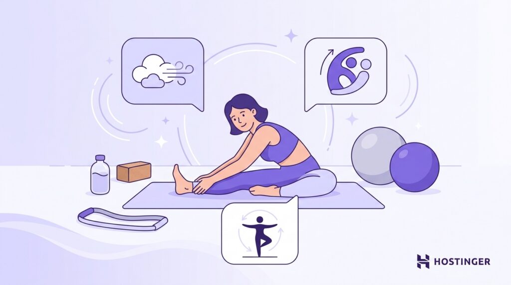 Mulher se alongando em um tapete de ioga, com acessórios fitness e ícones de flexibilidade, movimento e bem-estar.