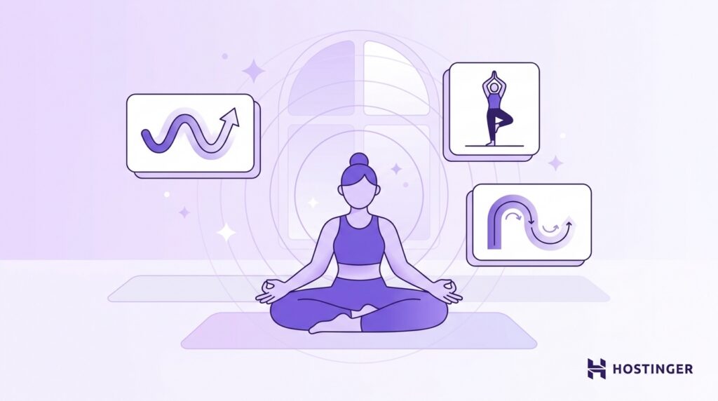 Mulher meditando em um tapete de ioga, com ícones de bem-estar, atenção plena, flexibilidade e crescimento pessoal.