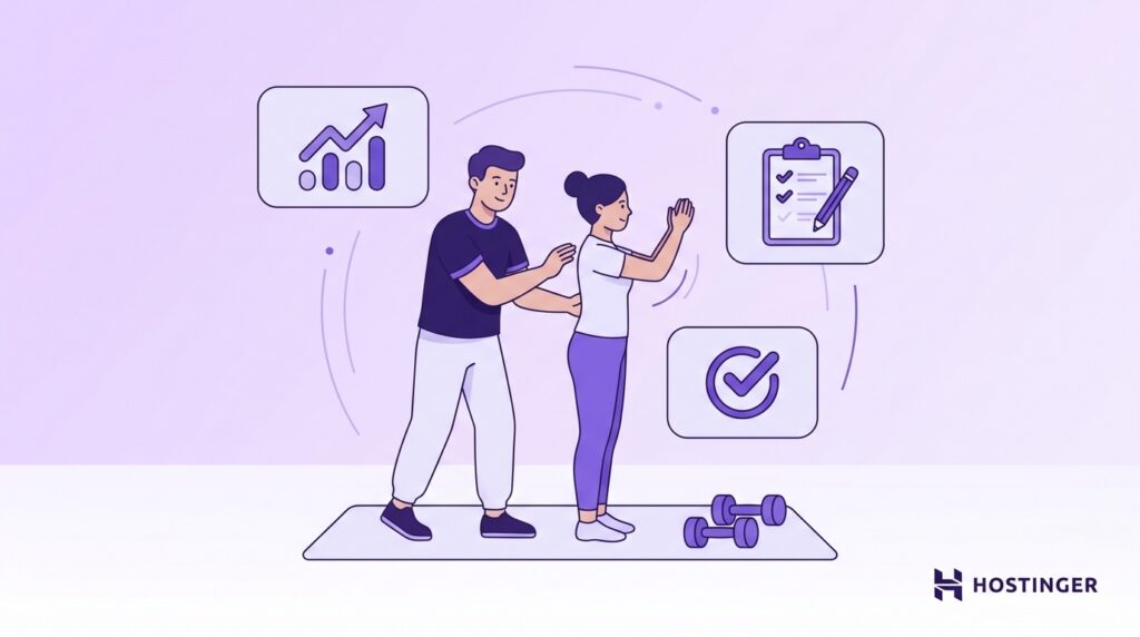 Personal trainer ajudando uma cliente durante um exercício, com ícones de acompanhamento do progresso, planos de treino e objetivos fitness.