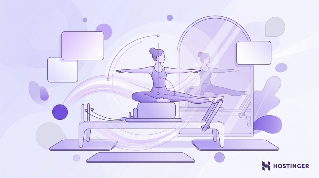 Mulher praticando Pilates em um aparelho reformer diante de um espelho, com elementos gráficos de movimento e referências visuais ao bem-estar.