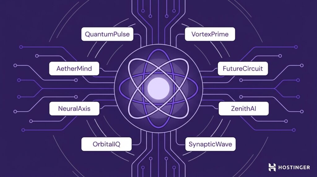 Illustration of an atom symbol with eight connected AI and tech ai startup brand name ideas on a purple circuit board background.