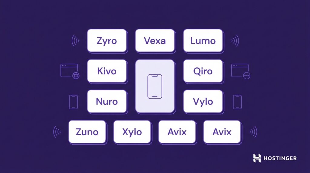 Diagram showing 12 unique domain name ideas arranged around a smartphone icon, with a Hostinger logo on a dark purple background.