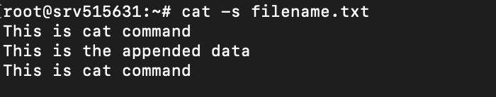 Janela do terminal mostrando a saída do comando cat -s filename.txt com as linhas vazias repetidas suprimidas
