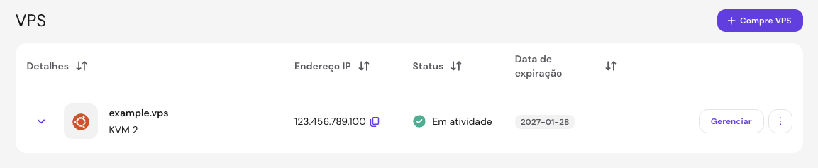 tela de vps no hpanel com botão "gerenciar" em destaque