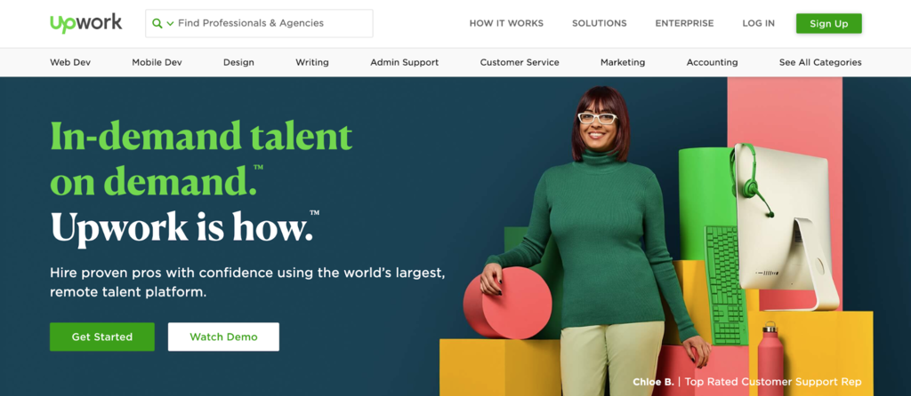 Captura de tela da página inicial do Upwork