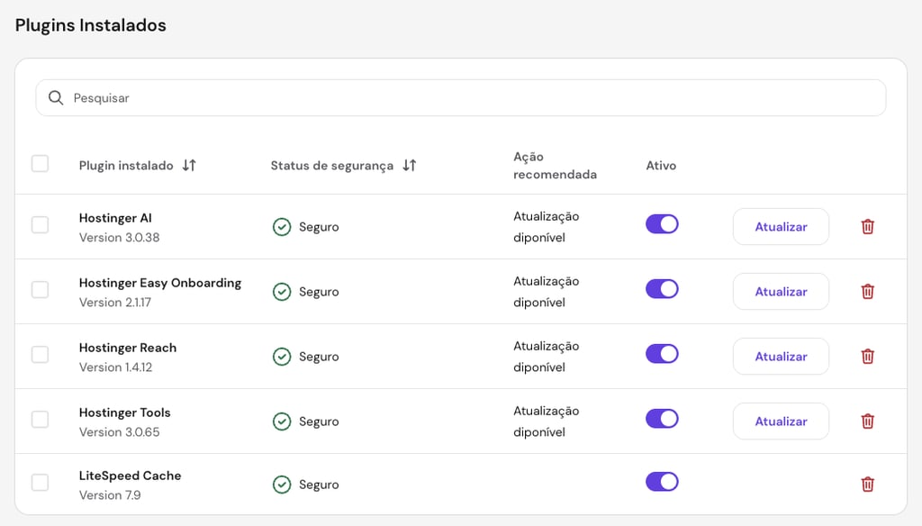 Seção Plugins instalados no hPanel