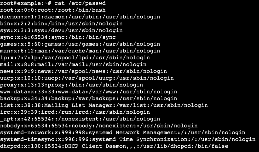 Terminal exibindo a saída de cat /etc/passwd com a lista de usuários do Linux