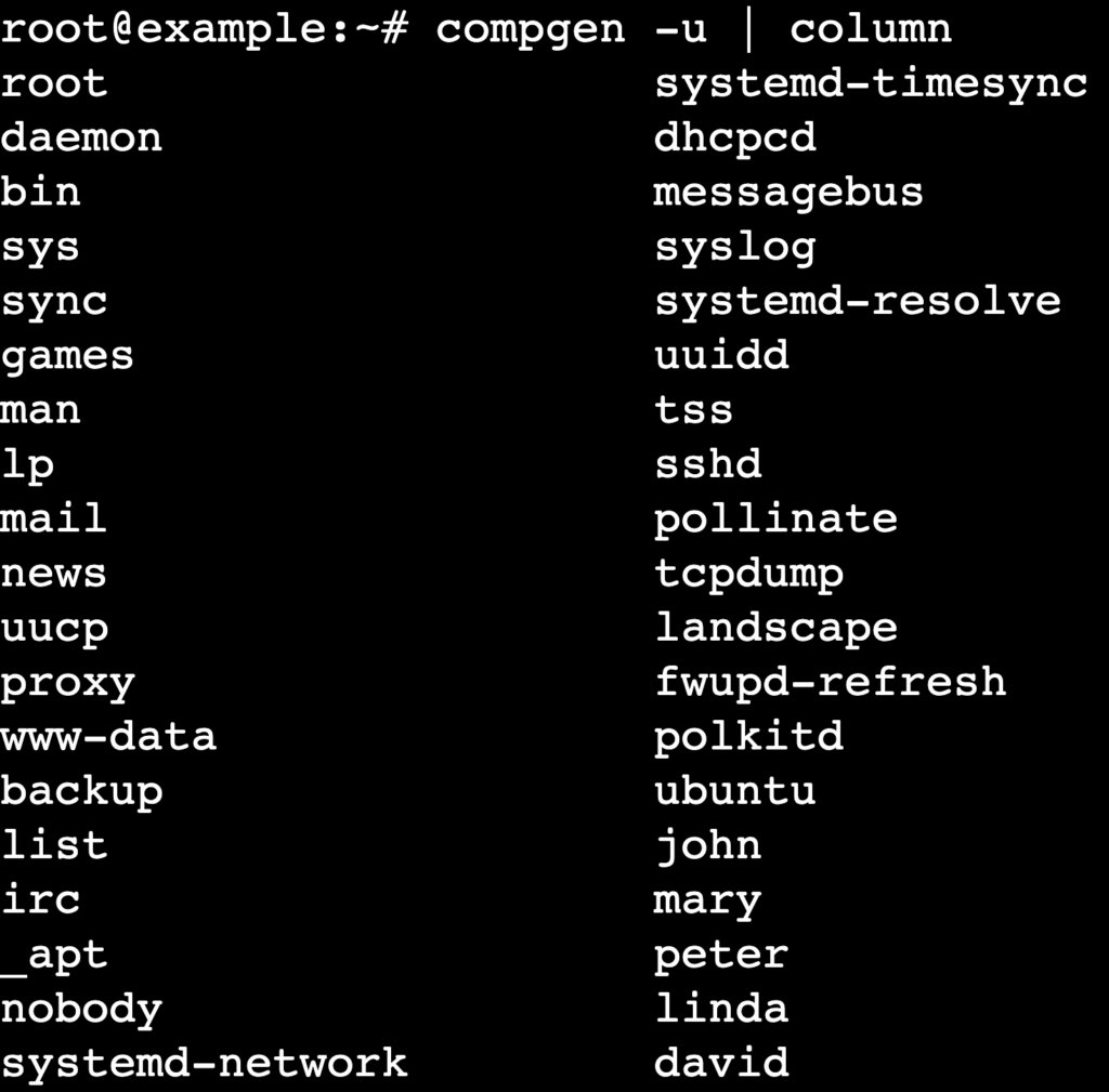Terminal exibindo a saída de compgen -u | column com os nomes de usuário listados