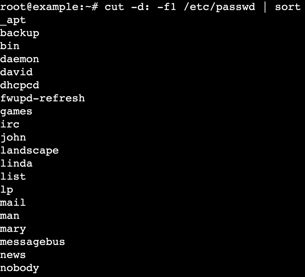 Terminal exibindo a lista de usuários em ordem alfabética com cut -d: -f1 /etc/passwd | sort