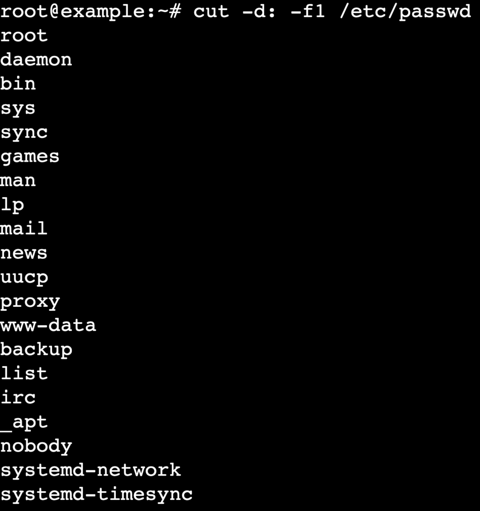 Terminal exibindo a saída de cut -d: -f1 /etc/passwd com os nomes de usuário