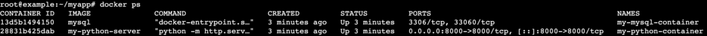 Saída do terminal após executar o comando docker ps