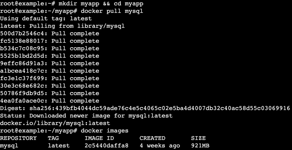 Saída do terminal após executar os comandos docker pull e docker images