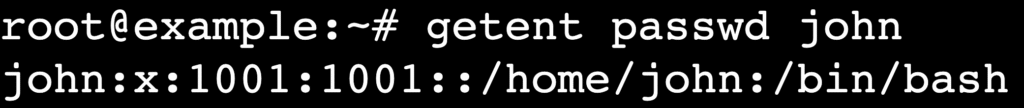 Terminal exibindo a saída de getent passwd username para um usuário do Linux
