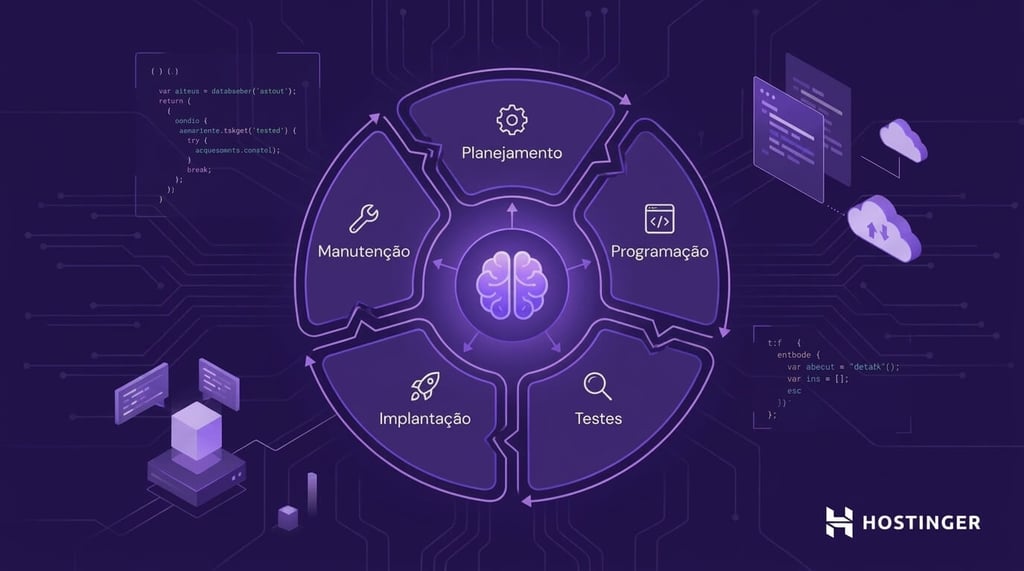 Ilustração técnica de um sistema de agentes de IA para engenharia, com cinco etapas interligadas do ciclo de vida: planejamento, programação, testes, implantação e manutenção, organizadas em um fluxo circular.