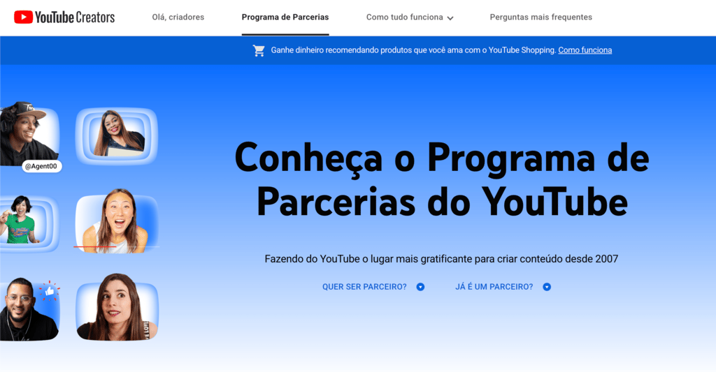 P&aacute;gina do programa de parceria do YouTube