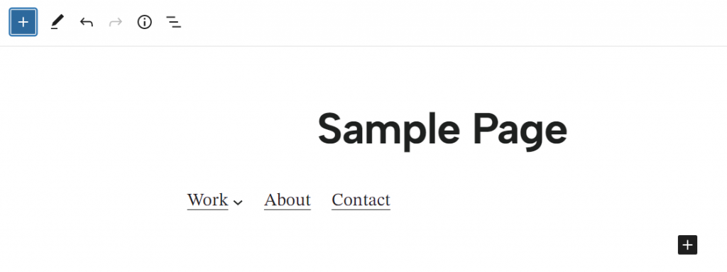 Editor de páginas do WordPress com o bloco Navegação aberto