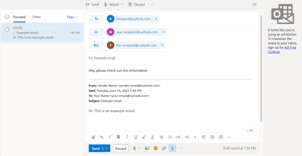 Edição de um email antes do encaminhamento no Outlook.