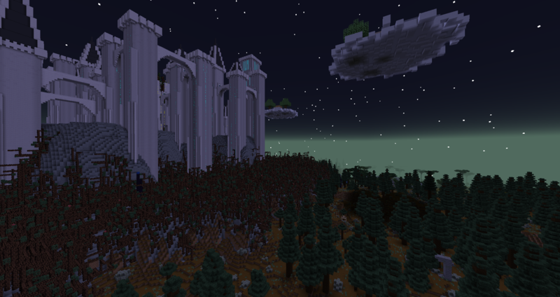 Castelo enorme do Minecraft em um cen&aacute;rio escuro sob um c&eacute;u crepuscular