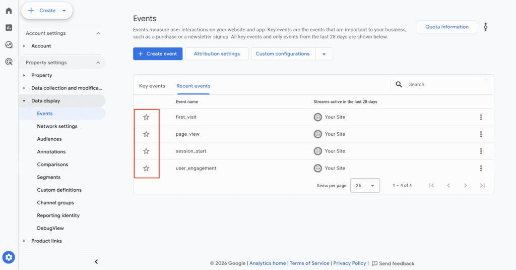 Ícone de estrela na guia Eventos recentes do Google Analytics 4