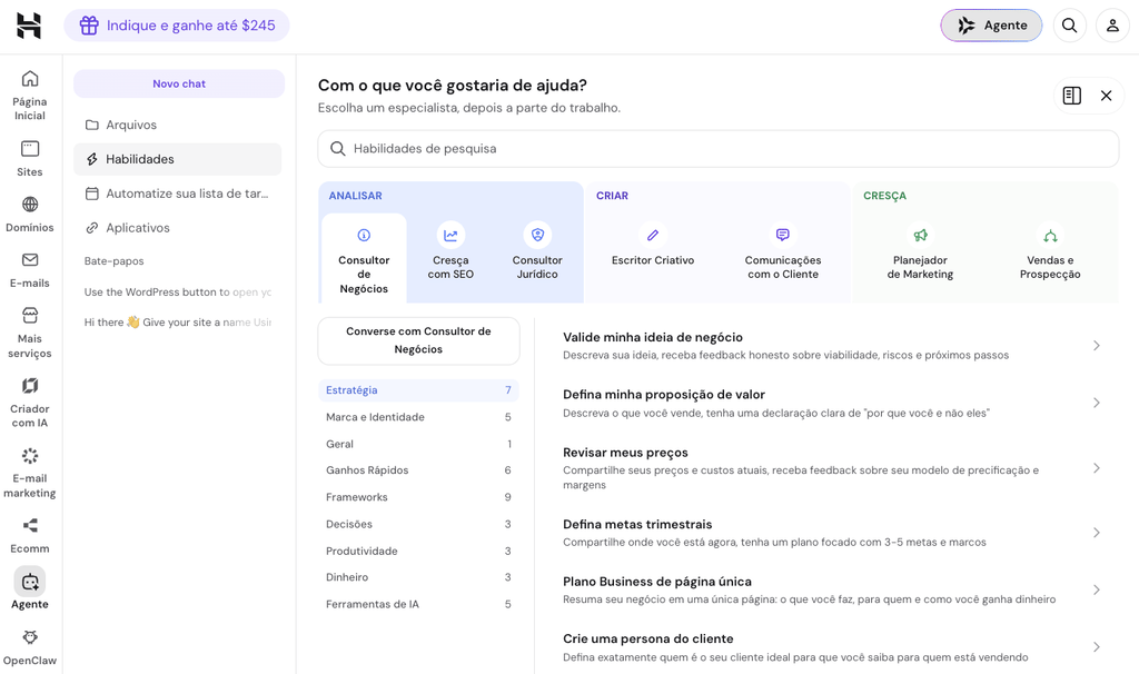 P&aacute;gina de habilidades do Hostinger Agents mostrando agentes especializados e habilidades populares