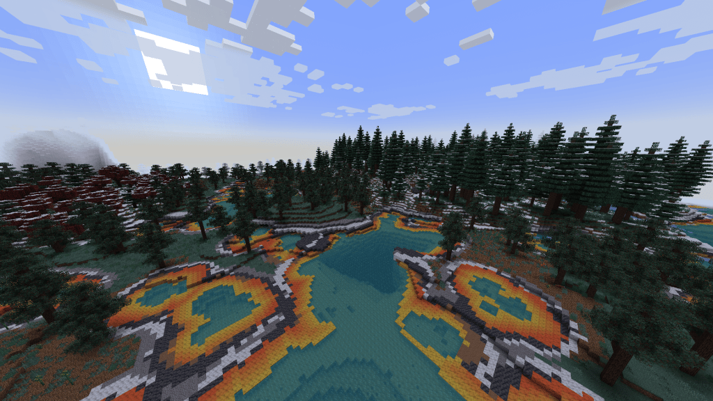 Bioma do Minecraft com &aacute;rvores perenes cobertas de neve, &aacute;guas cristalinas e margens alaranjadas