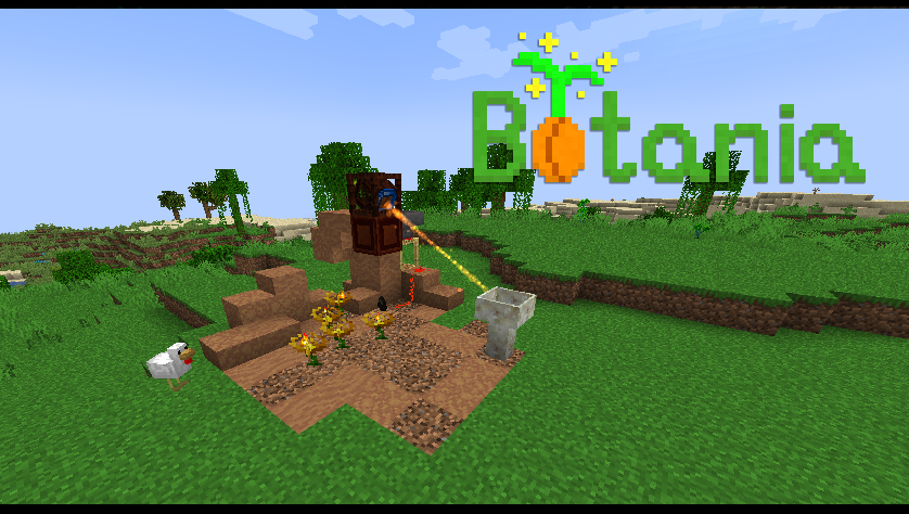 Imagem do Minecraft mostrando um jardim de flores, uma galinha ao lado e o logotipo Botania, com a letra O no formato de um broto
