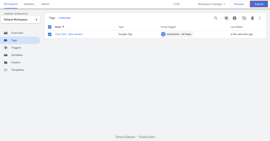 Botão Enviar na interface do Google Tag Manager