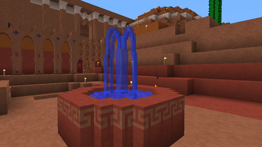 Imagem do Minecraft com uma fonte feita de tijolos estilizados de rocha vermelha