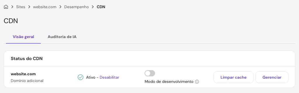 Tela da CDN no hPanel mostrando uma conexão CDN ativa para um domínio, com a opção Modo de desenvolvimento e opções para limpar o cache ou gerenciar as configurações