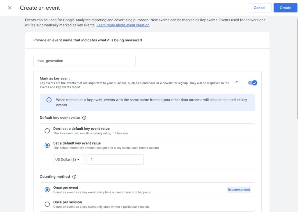 Página de criação de evento no Google Analytics 4