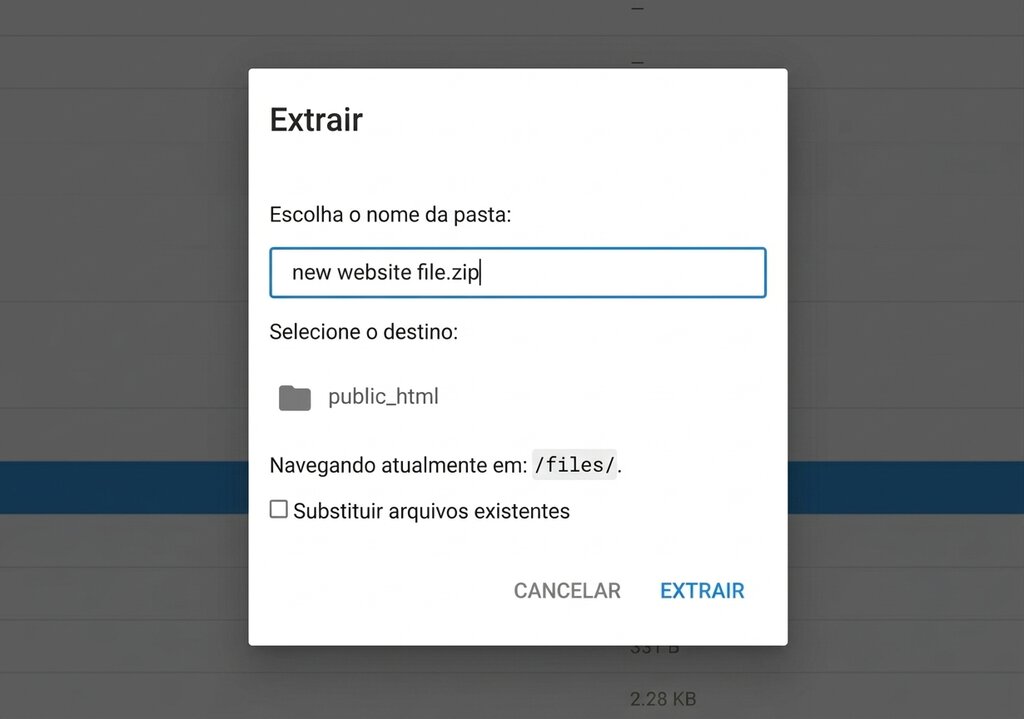 Extraia o arquivo para a pasta public_html no Gerenciador de Arquivos.